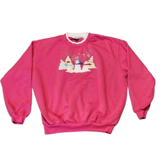 Trilllogy Tops - Trilllogy Pink Embroidered Snowman Winter Grandma Crew Pullover Sweatshirt 2X